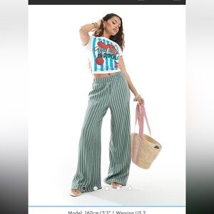 ONLY Petite wide leg textured pants in green stripe NWT